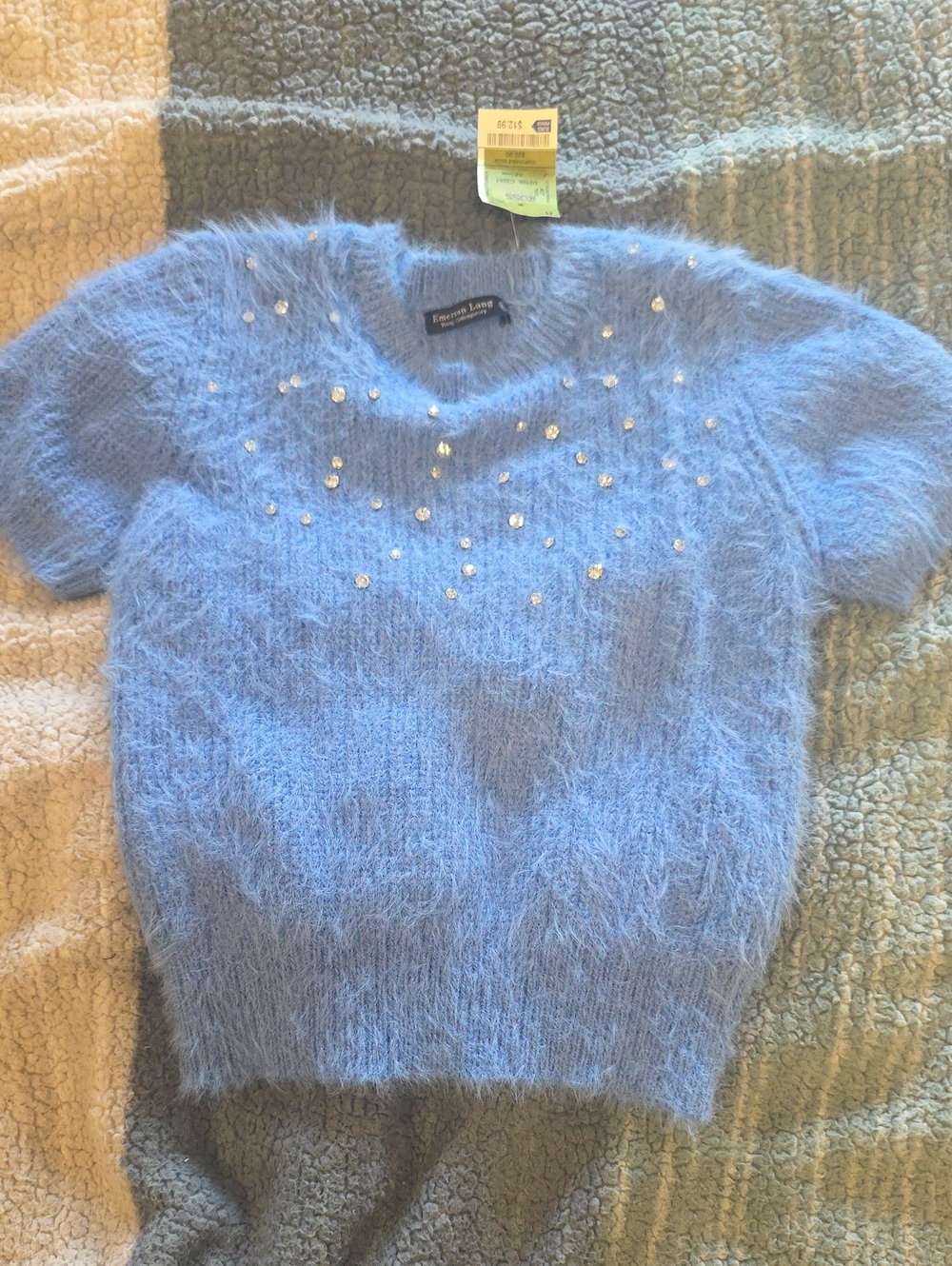 Light Blue Fuzzy Short-Sleeve Crew Sweater with Rhinestones